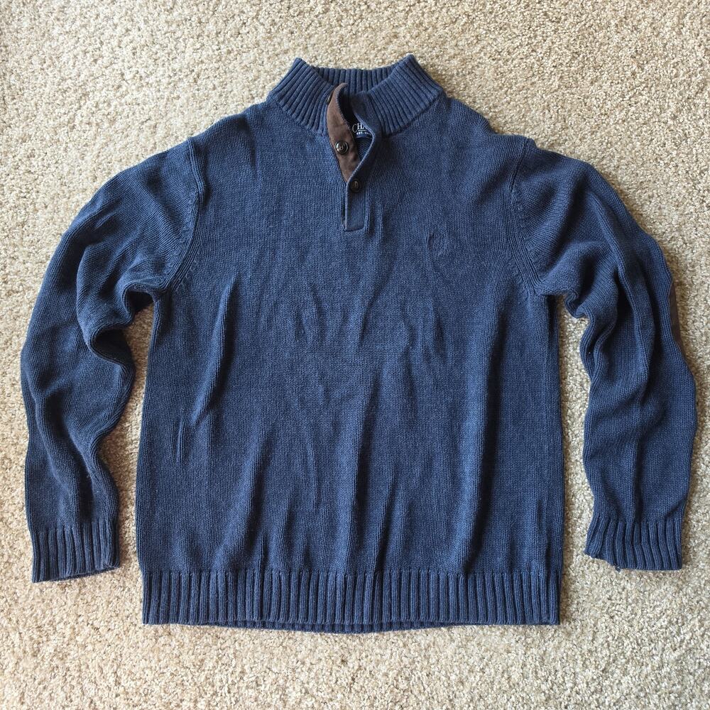Chaps Mens Knit Sweater Leather Elbow Patches, Sz L, Large, 1/4 Button Navy